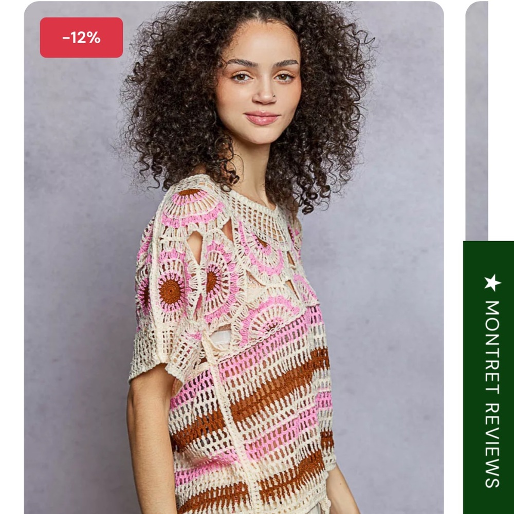 POL boho weave pattern Crochet knit Pink and Brown Top one size - Picture 4 of 10